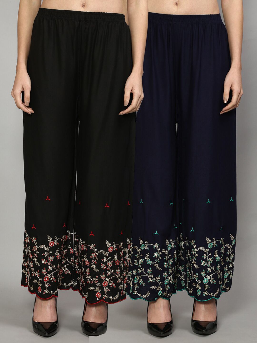 GRACIT Women Black & Navy Blue 2 Floral Embroidered Flared Knitted Ethnic Palazzos Price in India