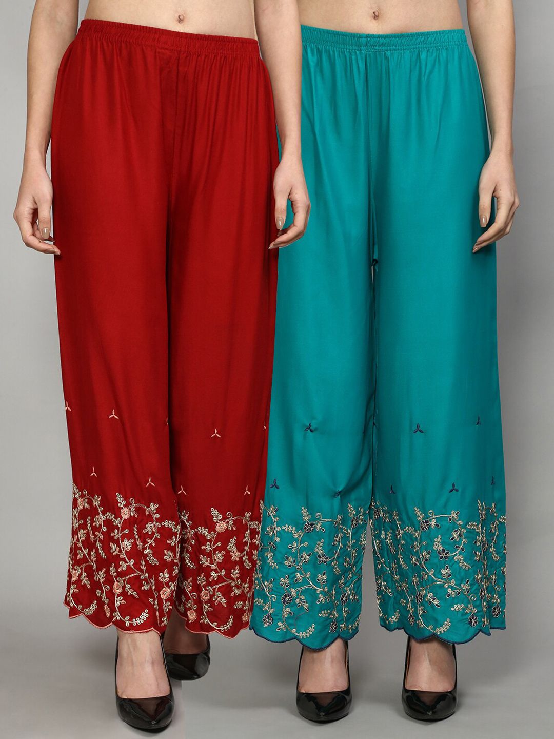 GRACIT Women Maroon & Turquoise Blue Set of 2 Floral Embroidered Flared Ethnic Palazzos Price in India