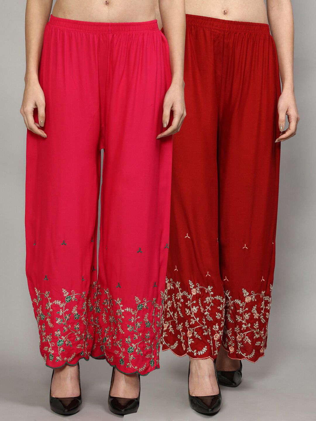 GRACIT Women Set of 2 Pink & Red Floral Embroidered Flared Knitted Ethnic Palazzos Price in India