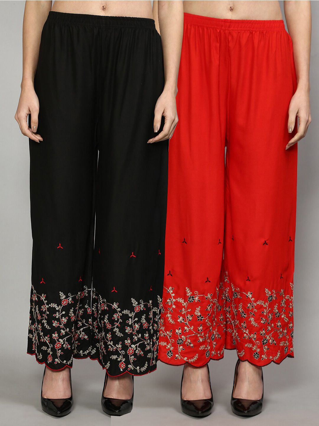 GRACIT Women Black & Red 2 Floral Embroidered Knitted Ethnic Palazzos Price in India