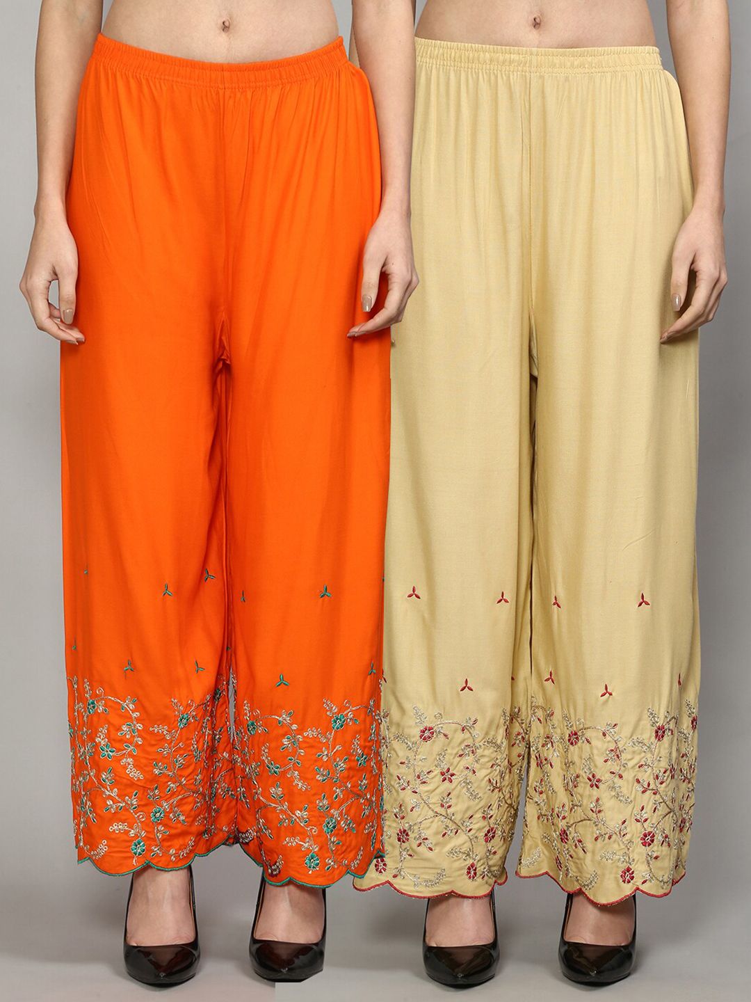 GRACIT Women Orange & Cream-Coloured 2 Floral Embroidered Flared Knitted Ethnic Palazzos Price in India