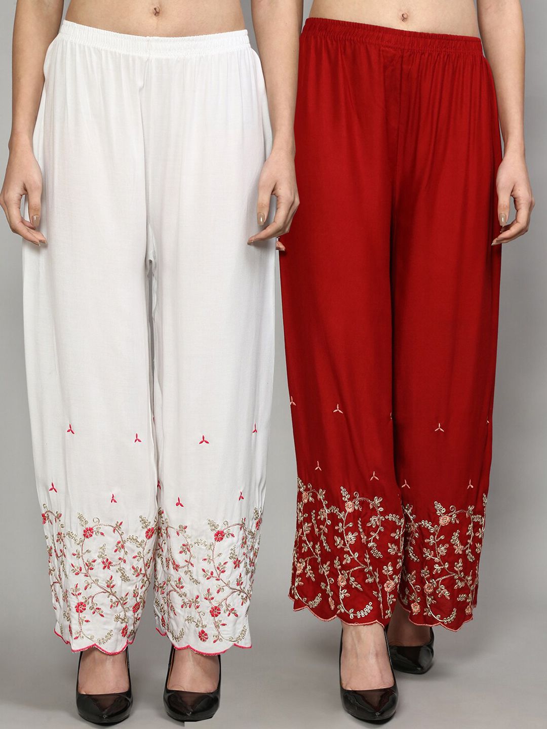 GRACIT Women White & Red Floral Embroidered Flared Ethnic Palazzos Set Of 2 Price in India