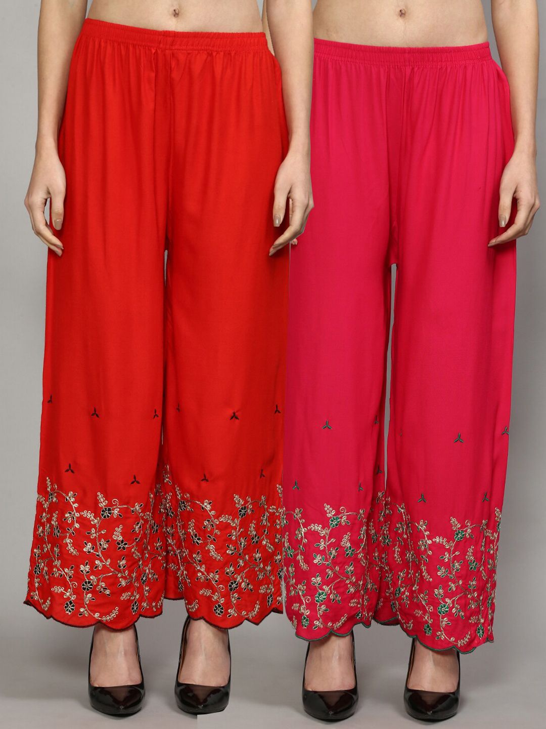 GRACIT Women Red & Pink 2 Floral Embroidered Knitted Ethnic Palazzos Price in India