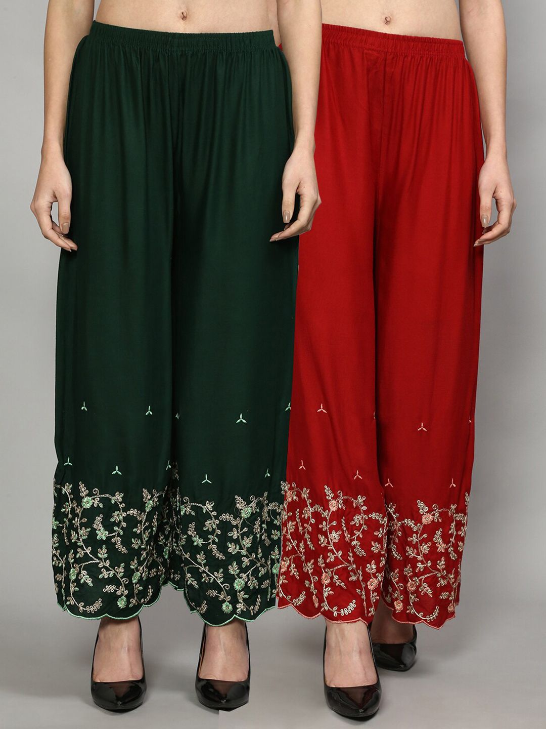 GRACIT Women Green & Red 2 Floral Embroidered Flared Knitted Ethnic Palazzos Price in India