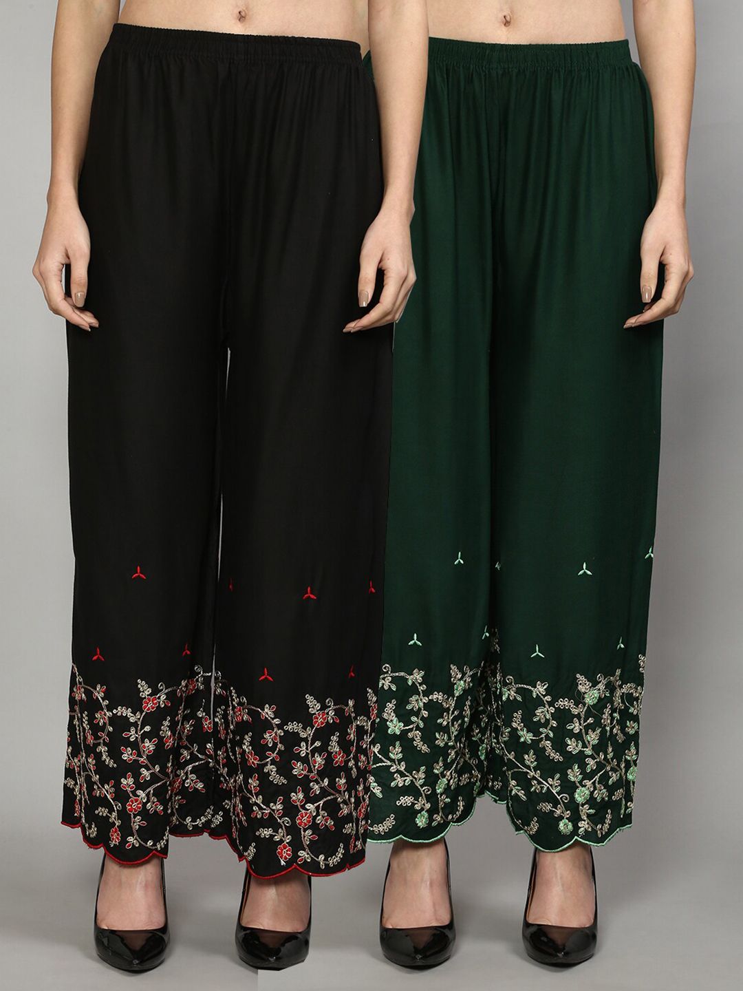 GRACIT Women Black & Green Set of 2 Floral Embroidered Flared Knitted Ethnic Palazzos Price in India