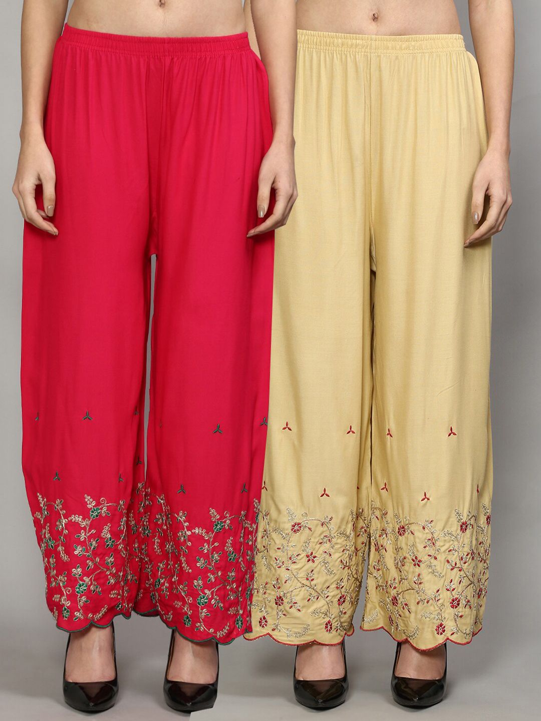 GRACIT Women Pink & Tan Set of 2 Floral Embroidered Flared Knitted Ethnic Palazzos Price in India