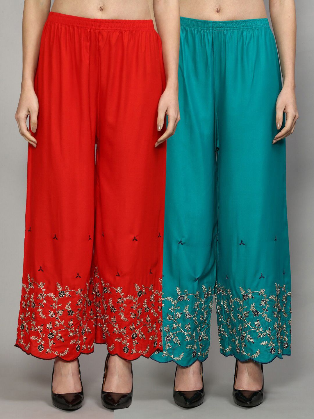 GRACIT Women Red & Turquoise Blue Floral Embroidered Flared Ethnic Palazzos Set Of 2 Price in India