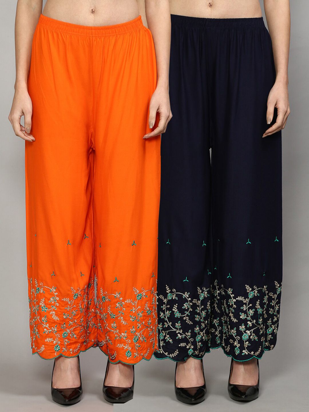 GRACIT Women Orange & Navy Blue 2 Floral Embroidered Knitted Ethnic Palazzos Price in India