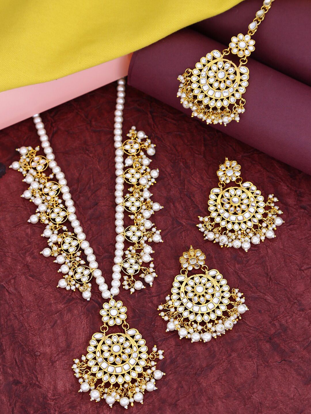 LIVE EVIL White & Gold-Toned Gold-Plated Statement Necklace with Earrings & Maang Tikha Price in India