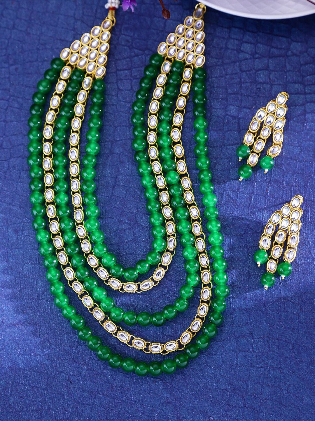 LIVE EVIL Green Gold-Plated Kundan Layered Necklace With Earrings Price in India