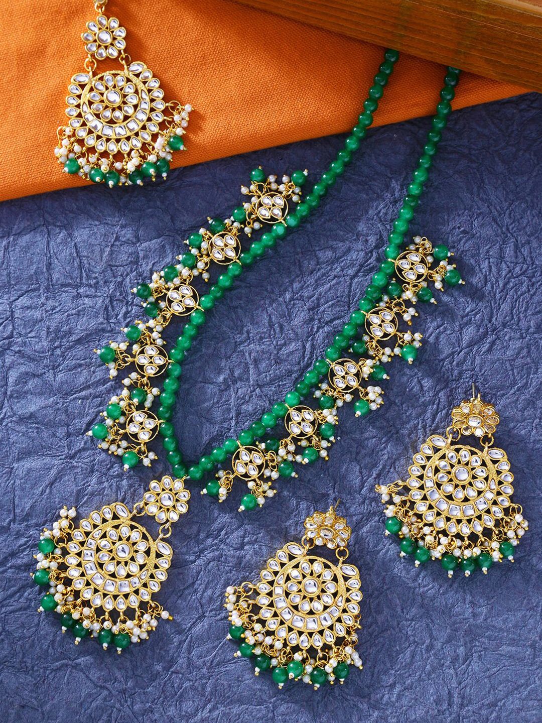 LIVE EVIL Green & Gold-Toned Gold-Plated Necklace With Earrings Price in India
