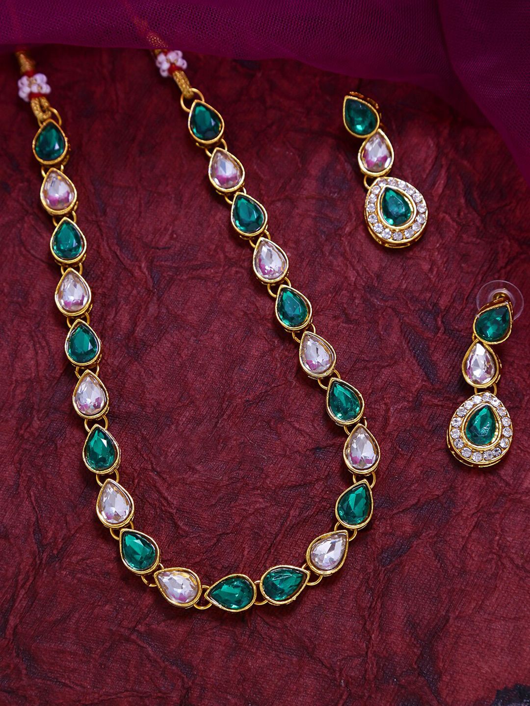 LIVE EVIL Green & Gold-Toned Gold-Plated Ethnic Necklace & Earrings Price in India