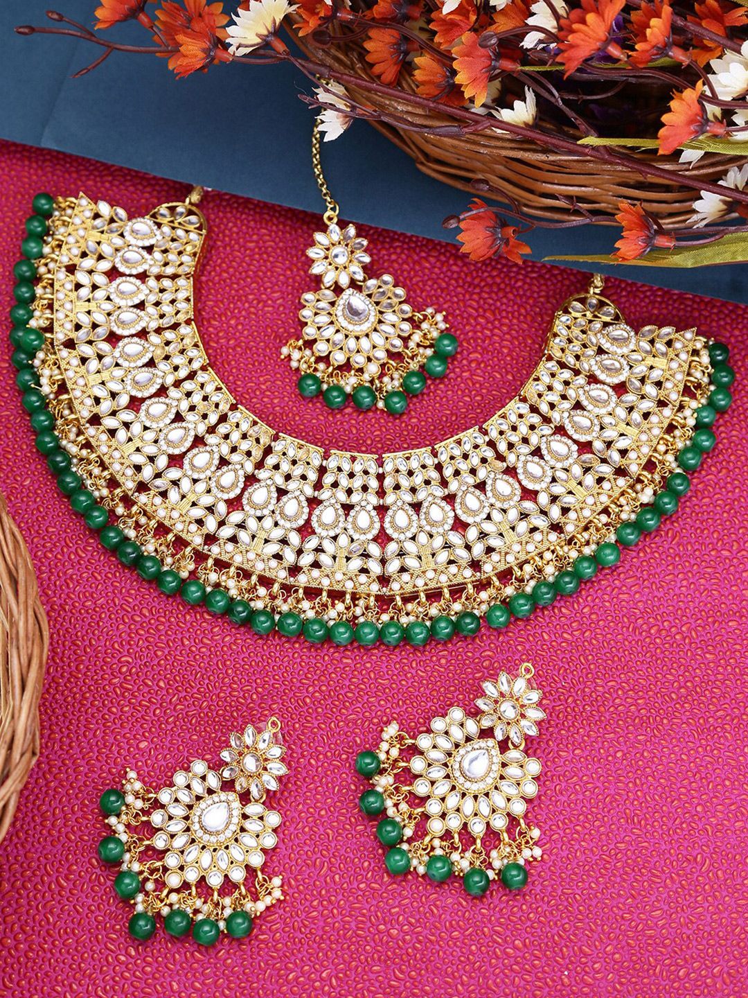 LIVE EVIL Green Gold-Plated Kundan Necklace With Maang Tikka & Earrings Price in India