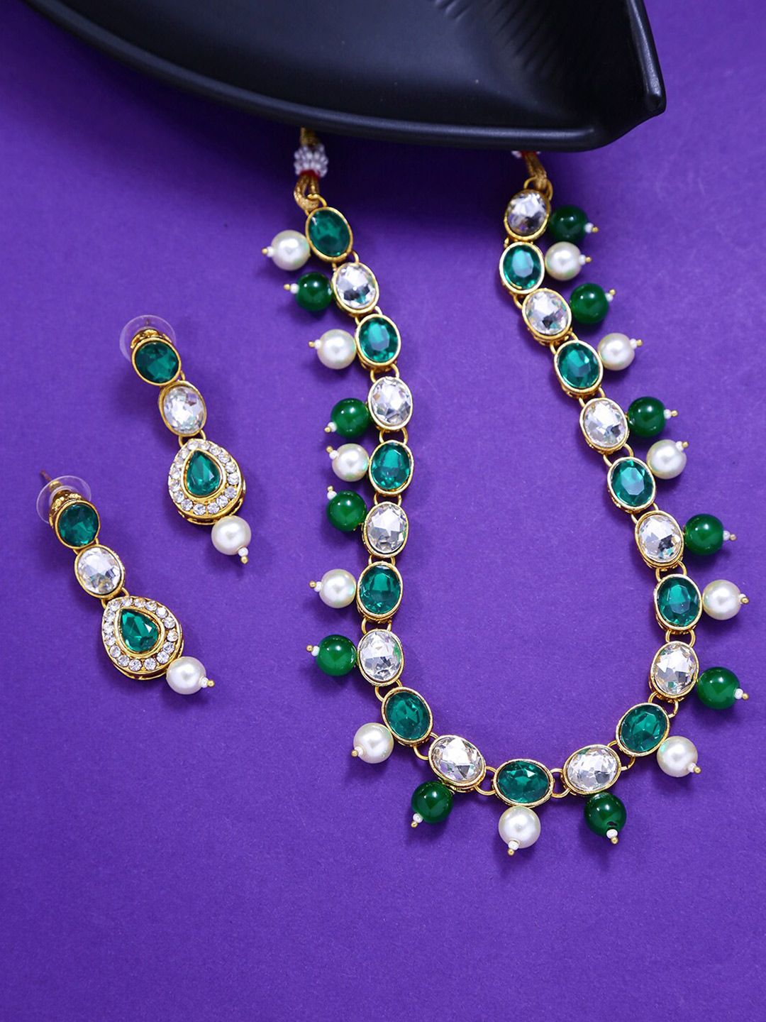 LIVE EVIL Green Gold-Plated Necklace and Earring Price in India