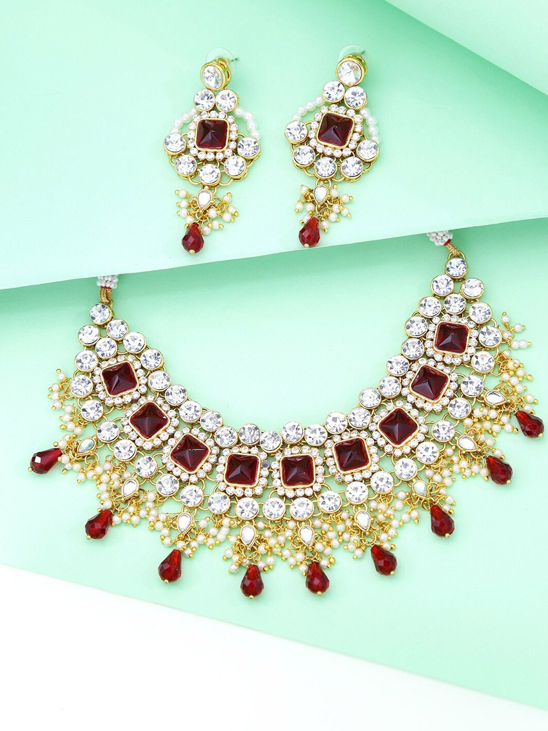 LIVE EVIL Maroon & White Gold-Plated Necklace With Earrings Price in India