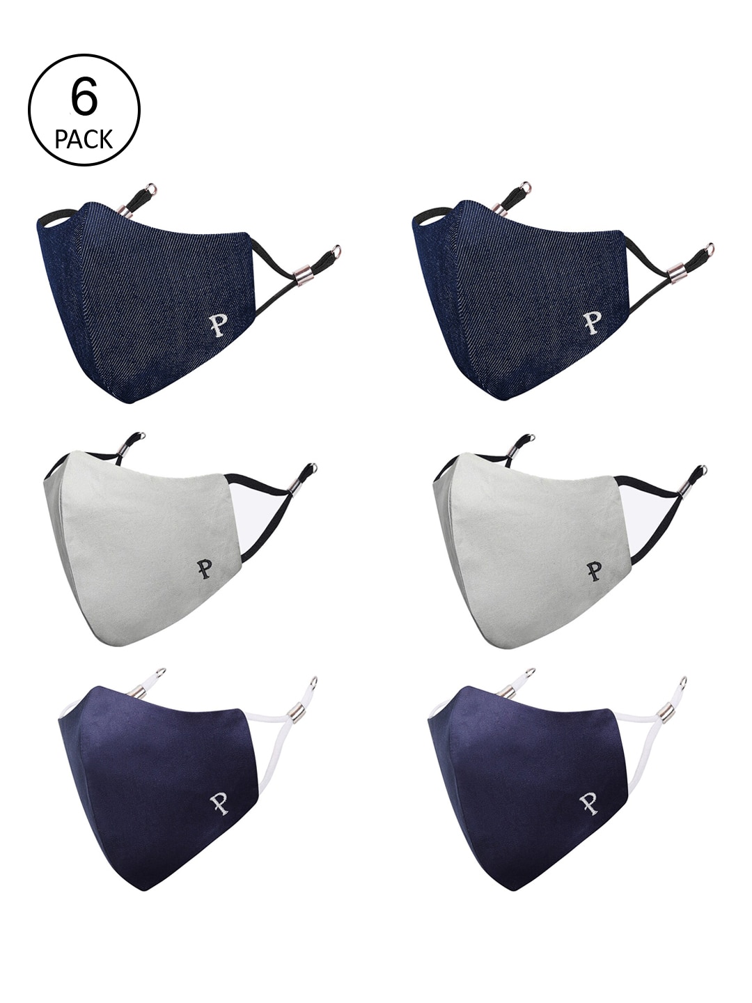MASQ Adults Pack of 6 Navy Blue Solid 3-Ply Pure Cotton Adjustable Cloth Masks Price in India