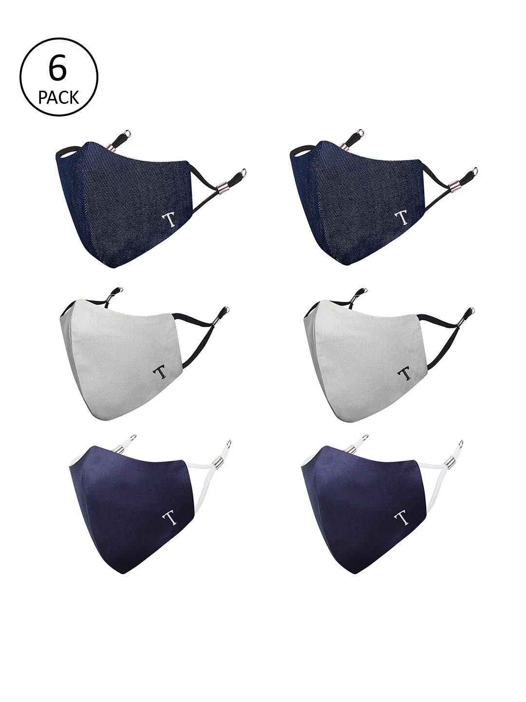 MASQ Unisex Pack Of 6 4-Ply Navy Blue & Grey Pure Cotton Reusable Cloth Masks Price in India