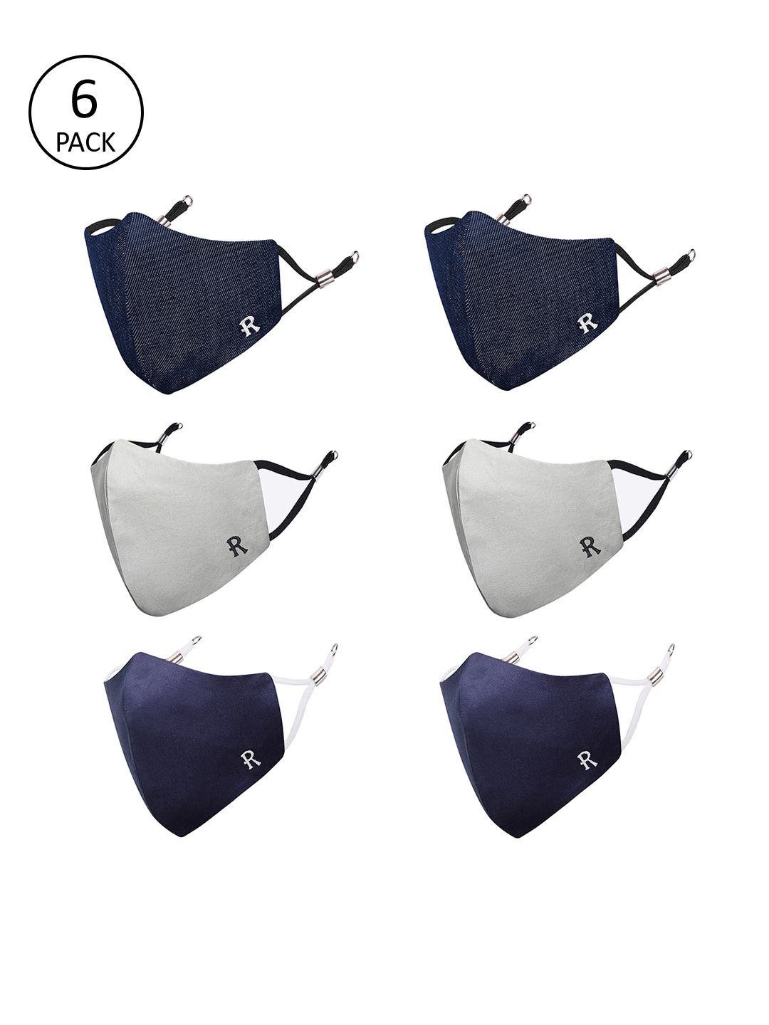 MASQ Pack Of 6 Navy Blue & Grey 4-Ply Pure Cotton Reusable Cloth Masks Price in India