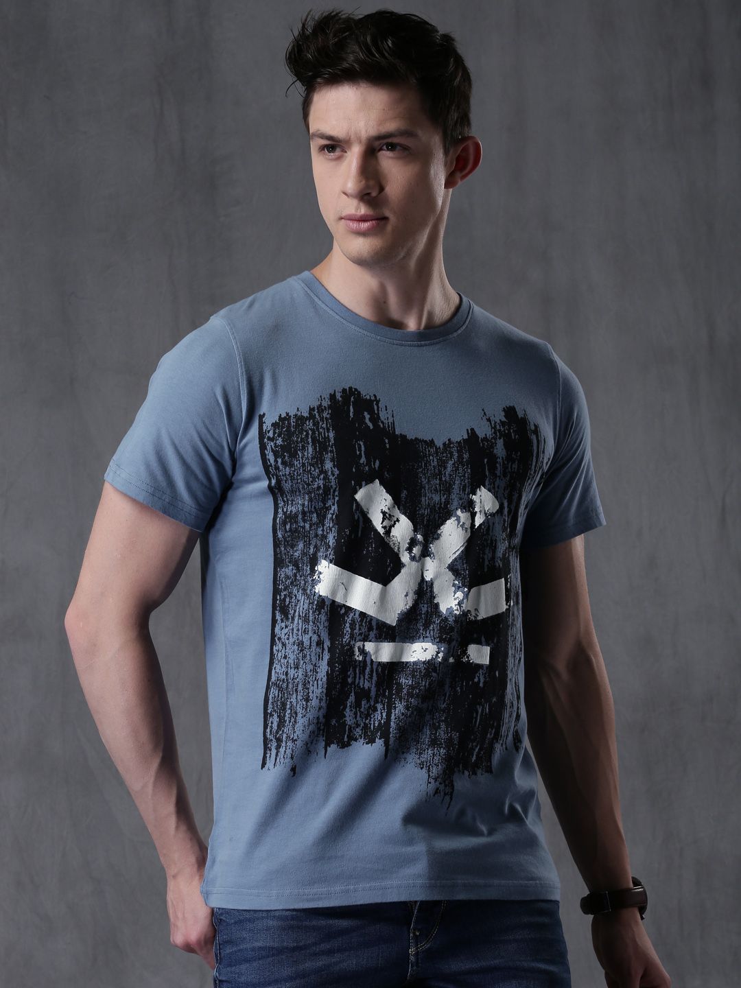 WROGN Men Blue Printed Round Neck T-shirt