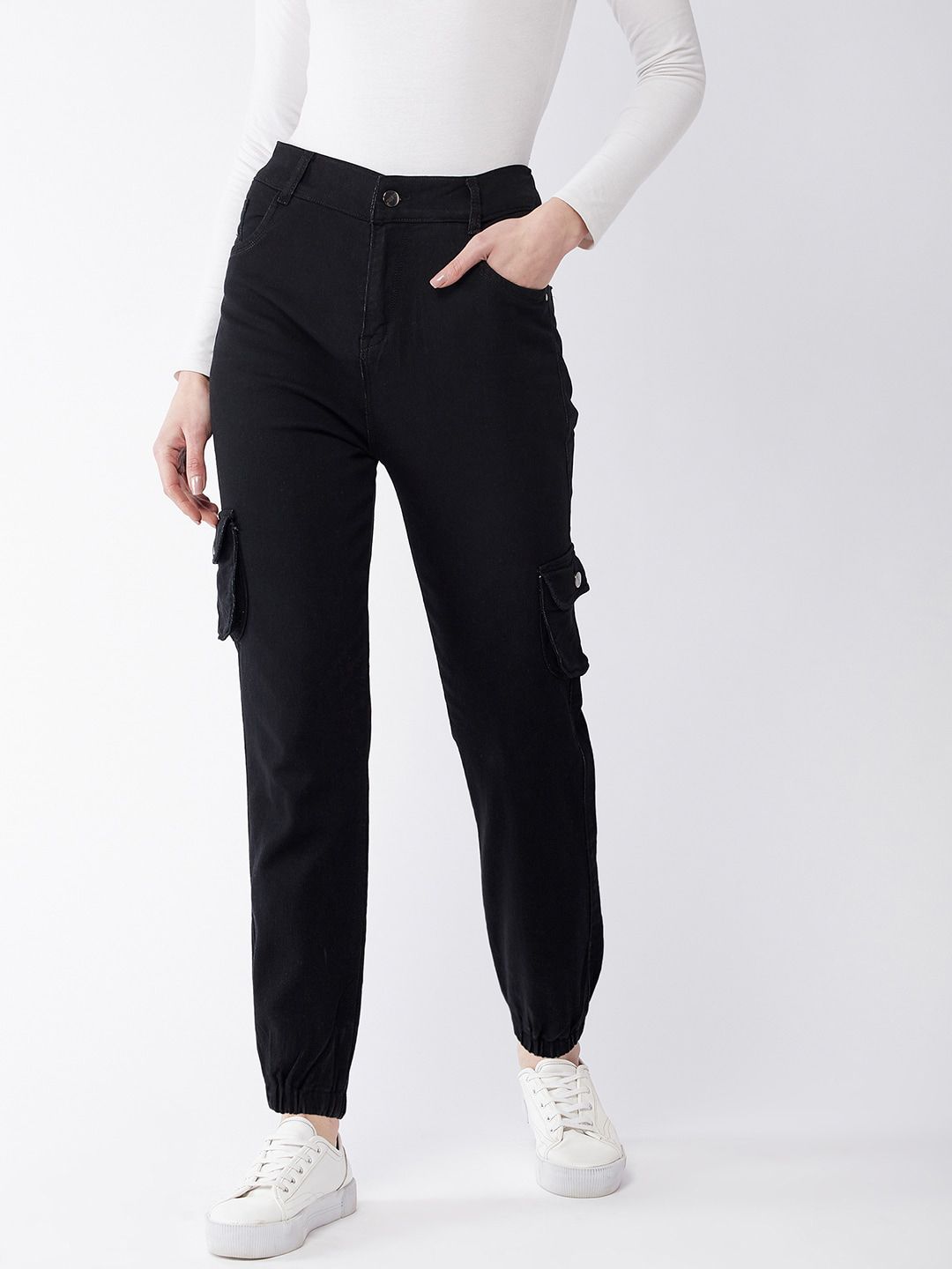 Purple Feather Women Black Jogger High-Rise Cuffed Hem Stretchable Jeans Price in India