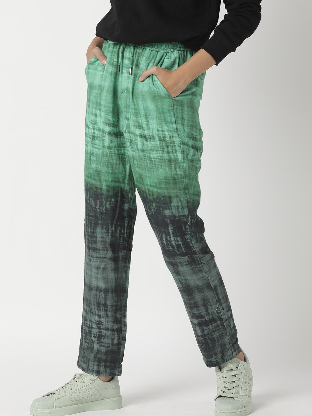 RAREISM Women Green Printed Cotton Tailored Trousers Price in India