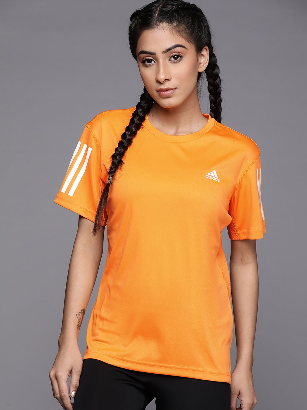 ADIDAS Women Orange Own The Run Solid Aeroready Running T-shirt Price in India