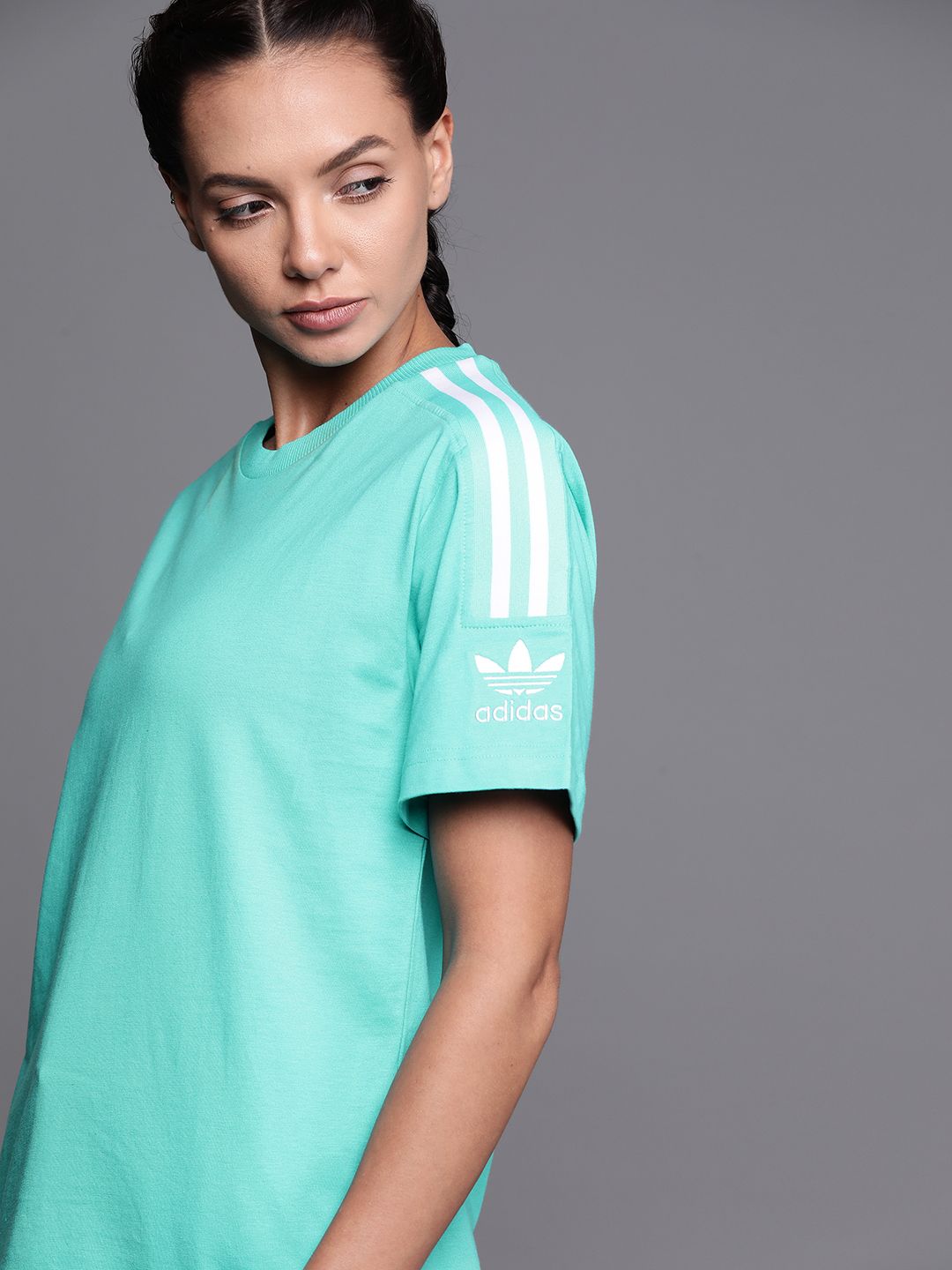 ADIDAS Originals Women Sea Green Pure Cotton Solid Tight Sustainable T-shirt Price in India