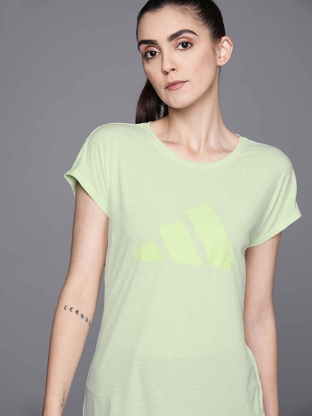 ADIDAS Women Lime Green Brand Logo Printed 3-Stripes Printed Training  T-shirt Price in India