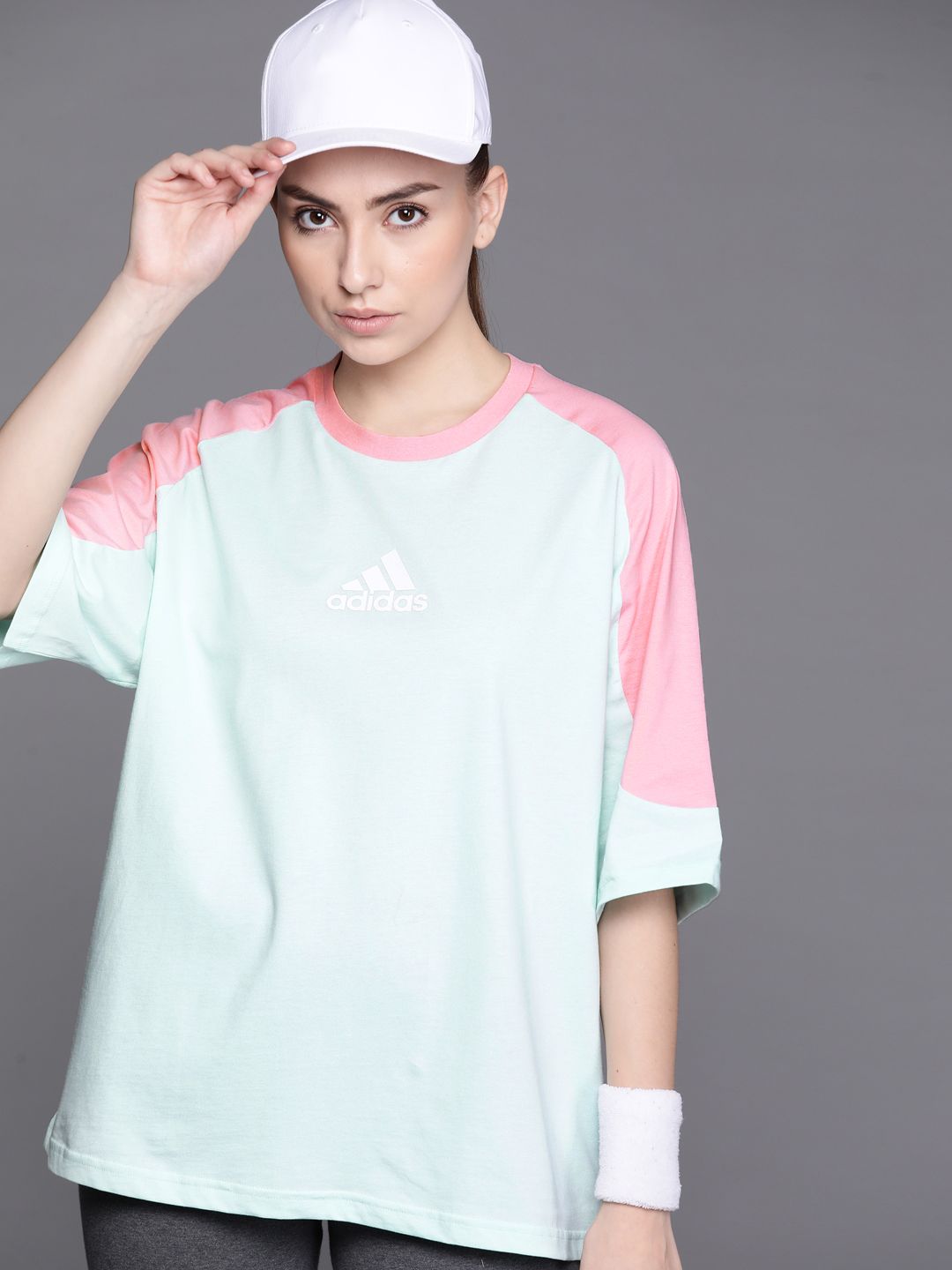 ADIDAS Women Green & Pink Colourblocked Pure Cotton T-shirt Price in India