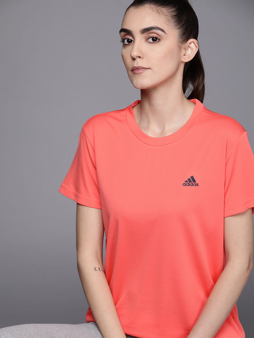 ADIDAS Women Coral Red Solid Aeroready Designed 2 Move 3-Stripes Sport T-shirt Price in India