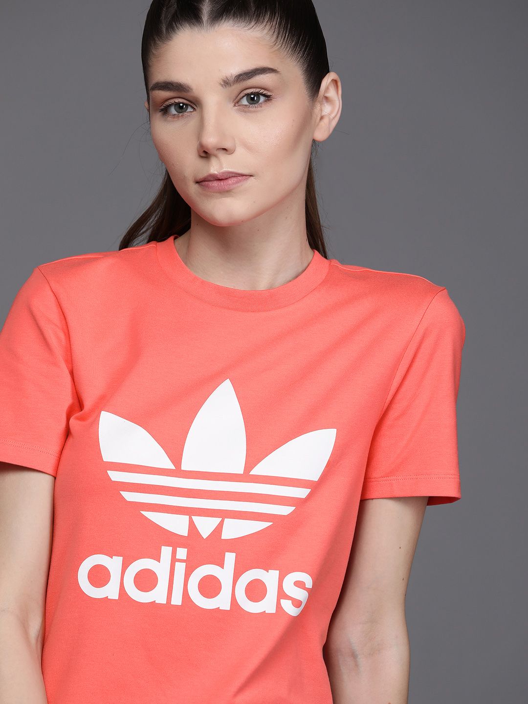 ADIDAS Originals Women Coral Pink & White Trefoil Brand Logo Print Sustainable T-shirt Price in India