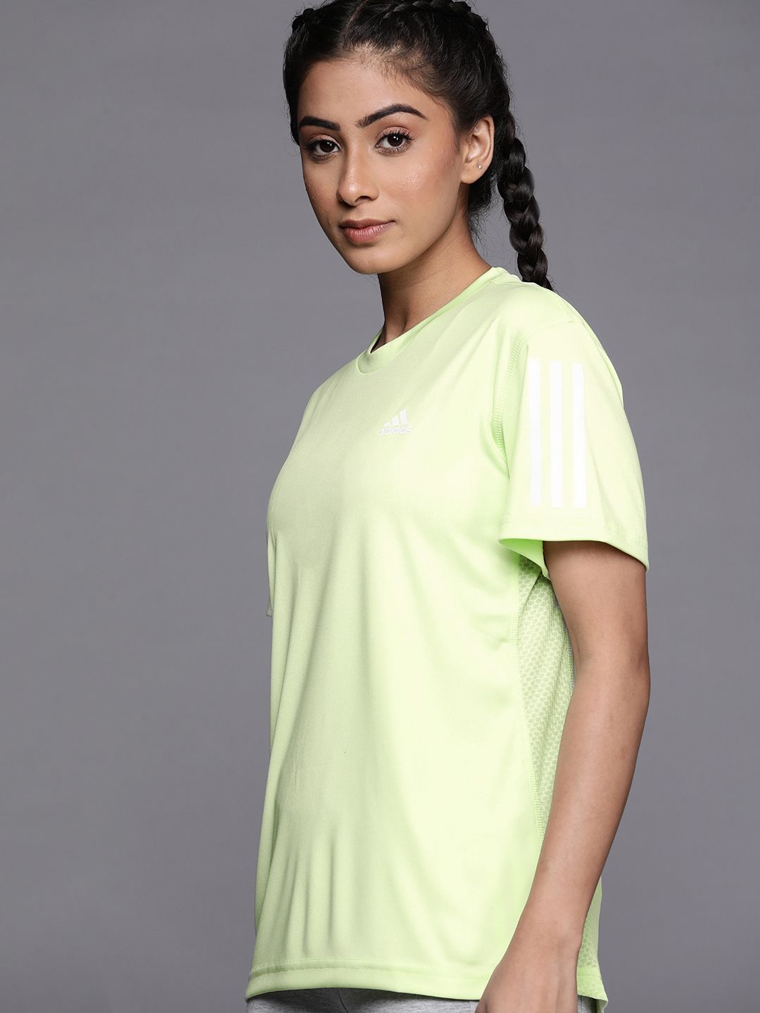 ADIDAS Women Green Own The Run Solid Aeroready Running T-shirt Price in India