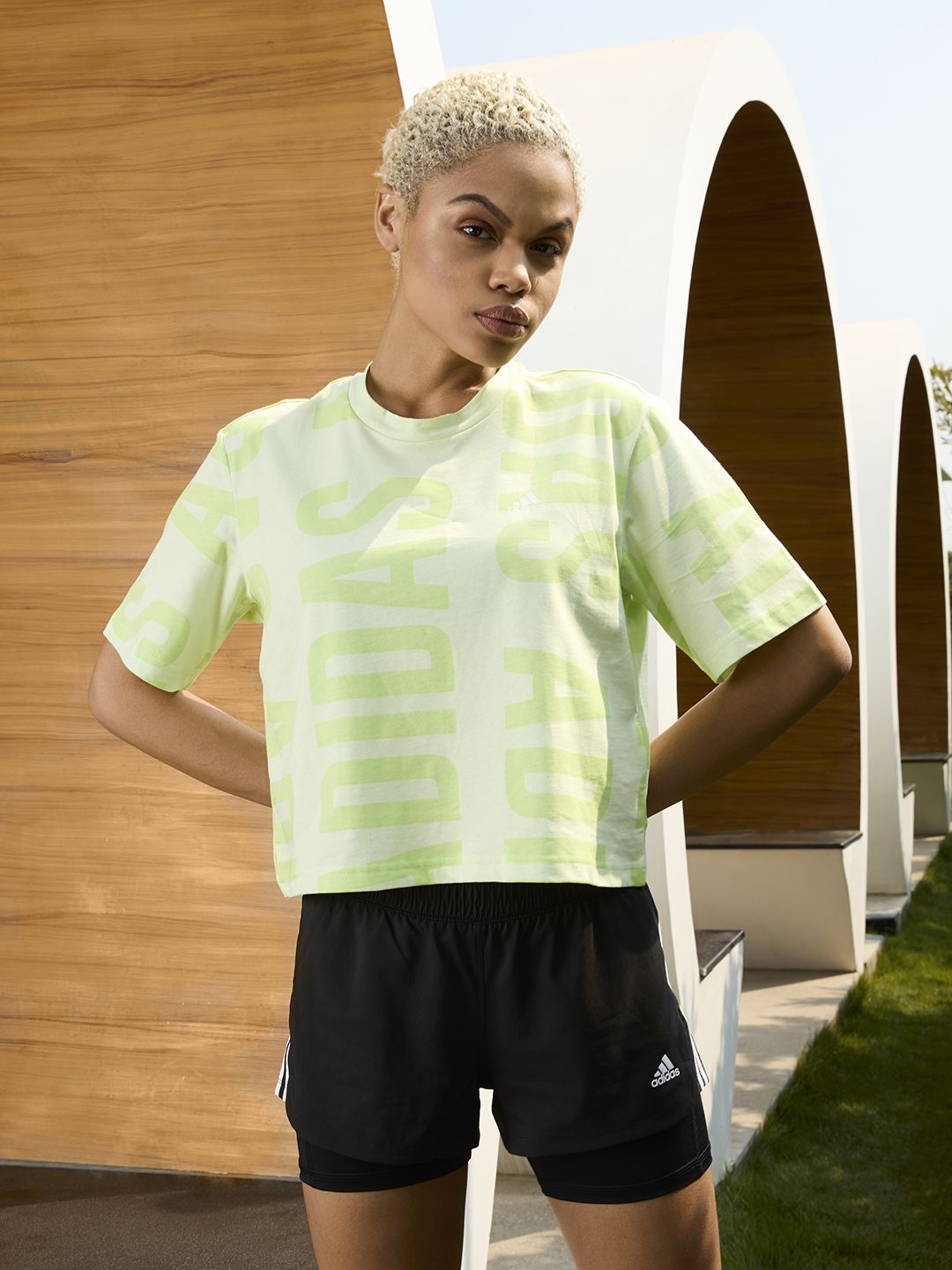 ADIDAS Women Green Brand Logo Printed Loose Sustainable T-shirt Price in India