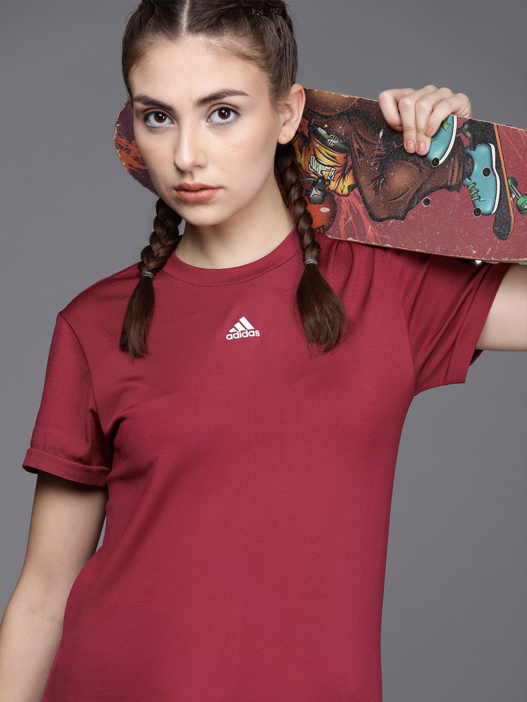 ADIDAS Women Burgundy Training or Gym Sustainable T-shirt Price in India