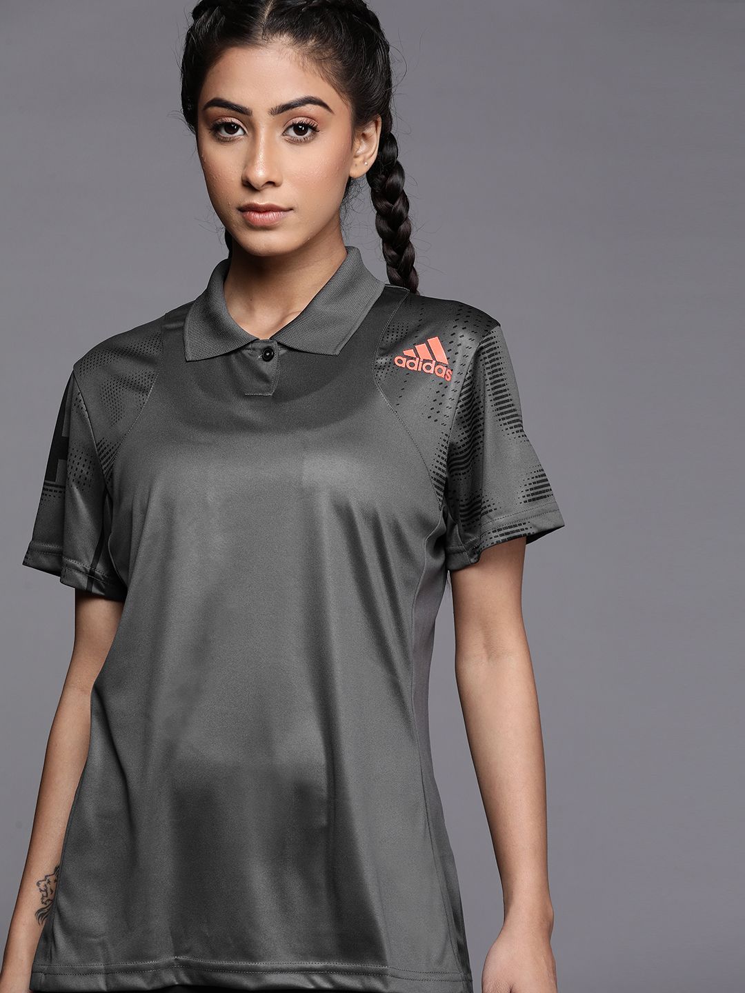 ADIDAS Women Charcoal Club Graph Aeroready Brand Logo Printed Tennis Polo Collar T-shirt Price in India