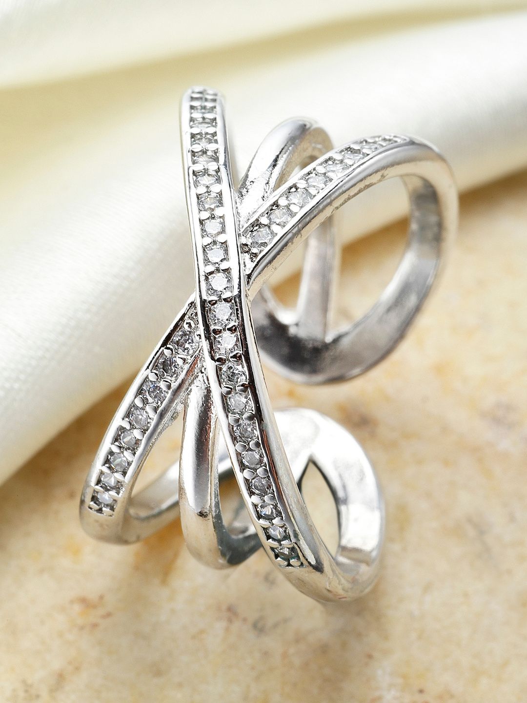 KARATCART Silver-Plated & White AD-Studded Adjustable Finger Ring Price in India