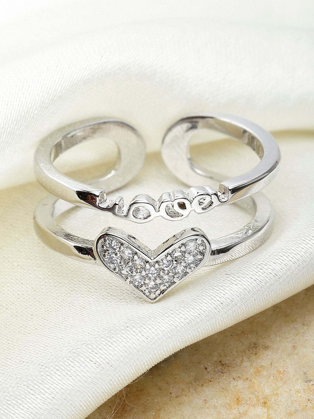 KARATCART Silver-Plated White  Heart Shape AD-Studded Adjustable Finger Ring Price in India