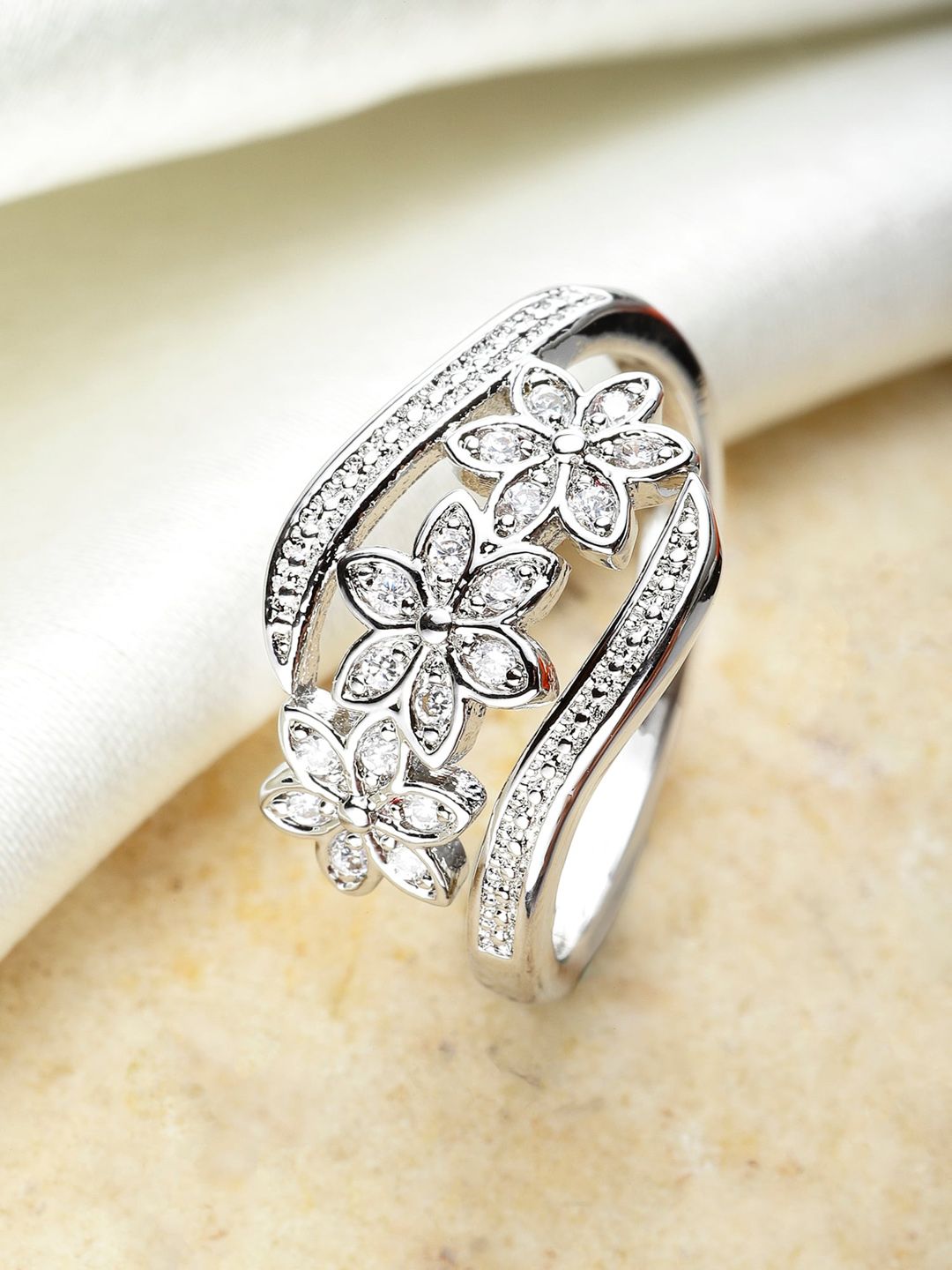 KARATCART Silver-Plated White AD-Studded Adjustable Finger Ring Price in India