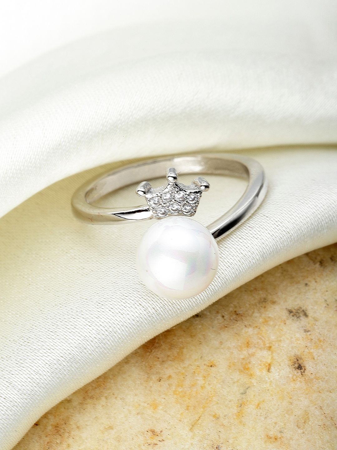 KARATCART Silver-Plated & White AD-Studded & Pearl Beaded Finger Ring Price in India