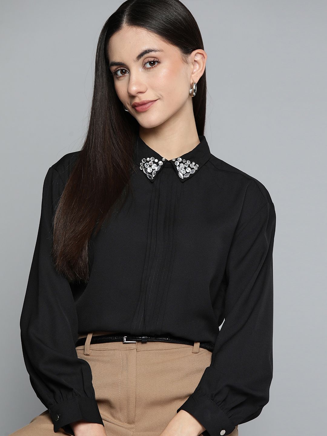 Chemistry Black Solid Embellished Detail Shirt Style Top Price in India