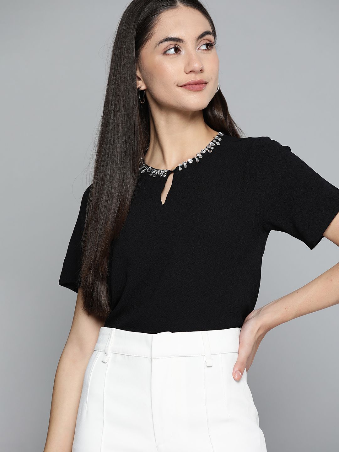 Chemistry Black Solid Jewel Neck Top Price in India