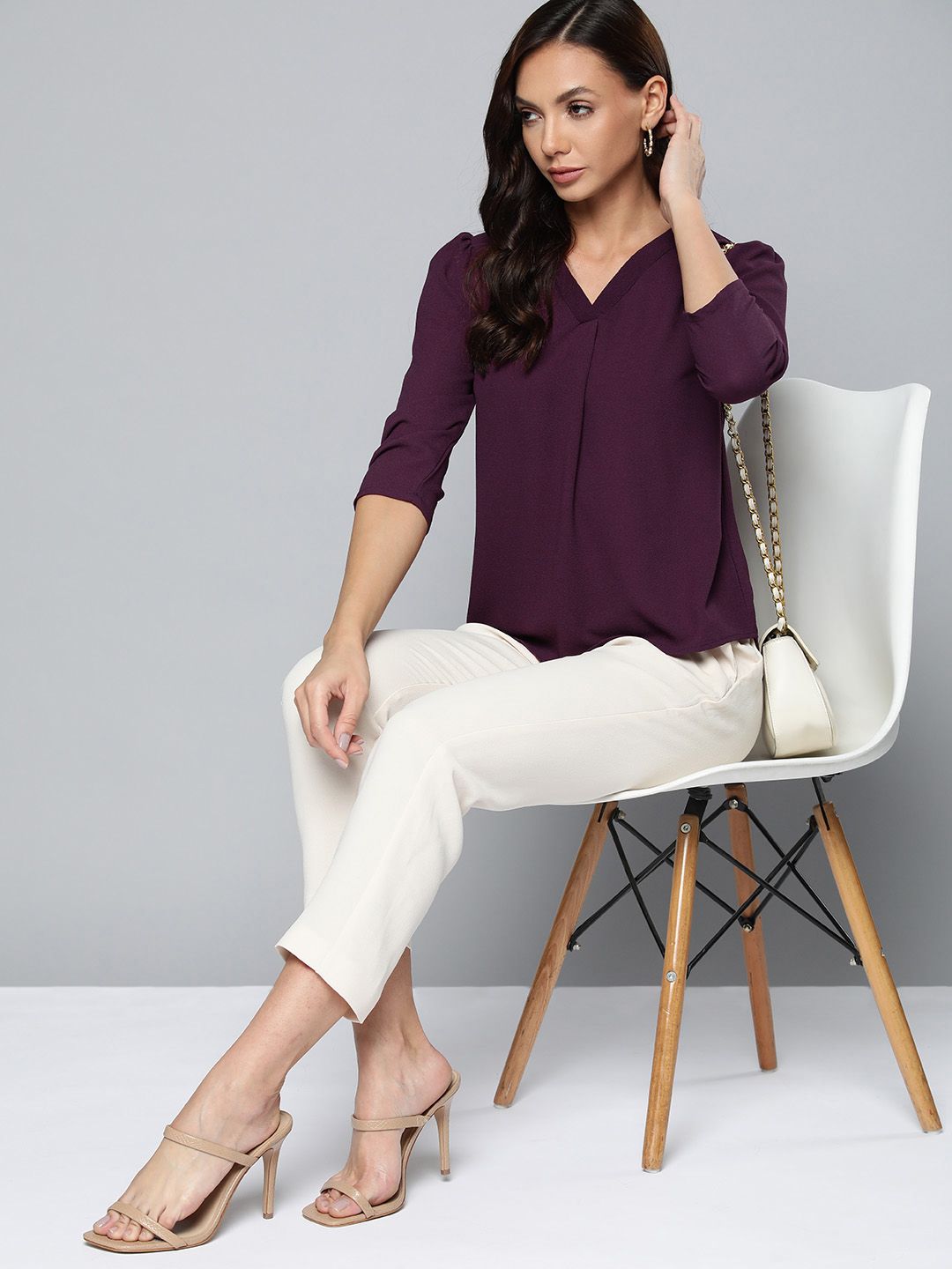 Chemistry Women Purple Solid Textured V-Neck Top Price in India
