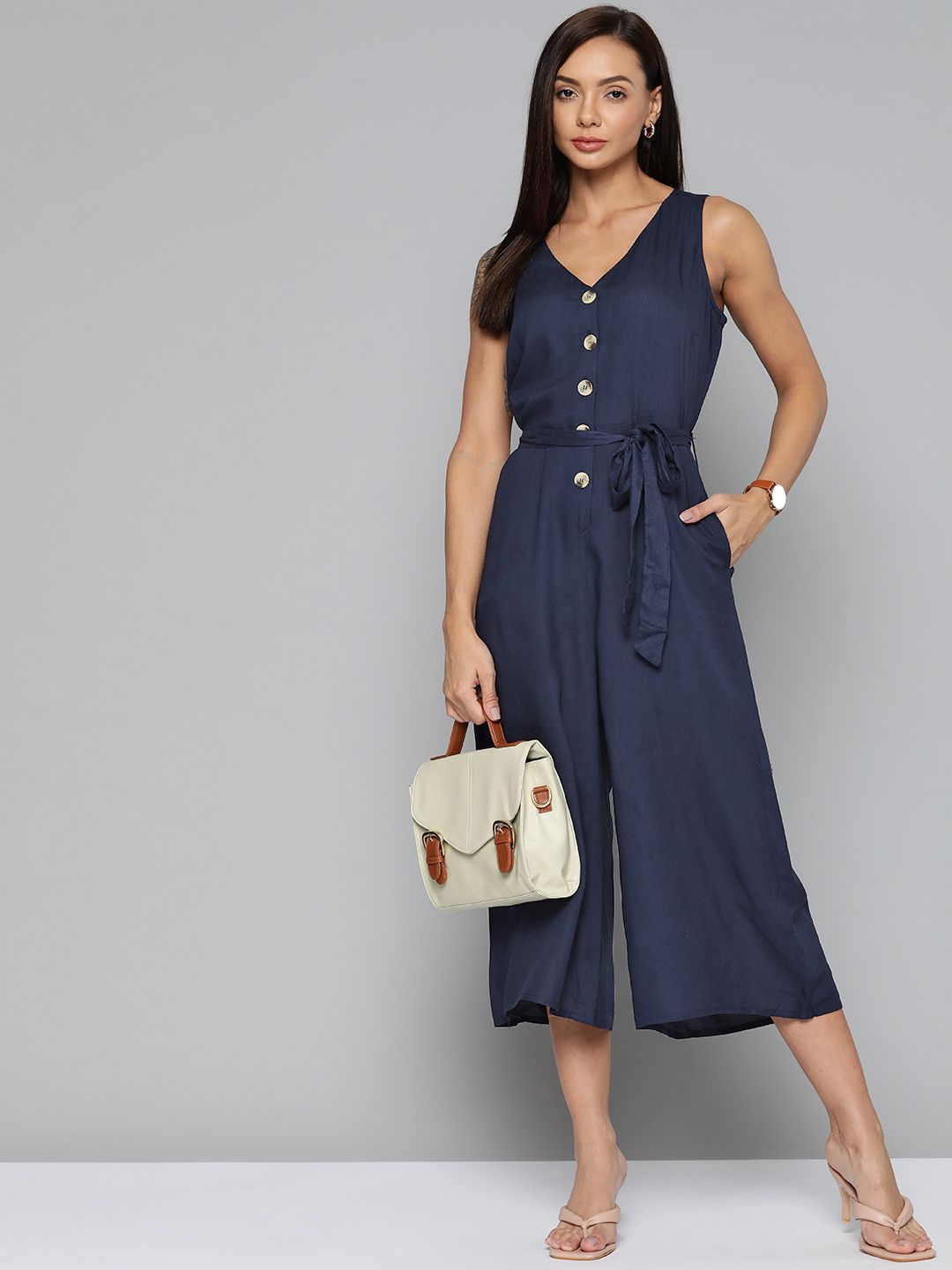 Chemistry Navy Blue Solid Culotte Jumpsuit with Belt Price in India