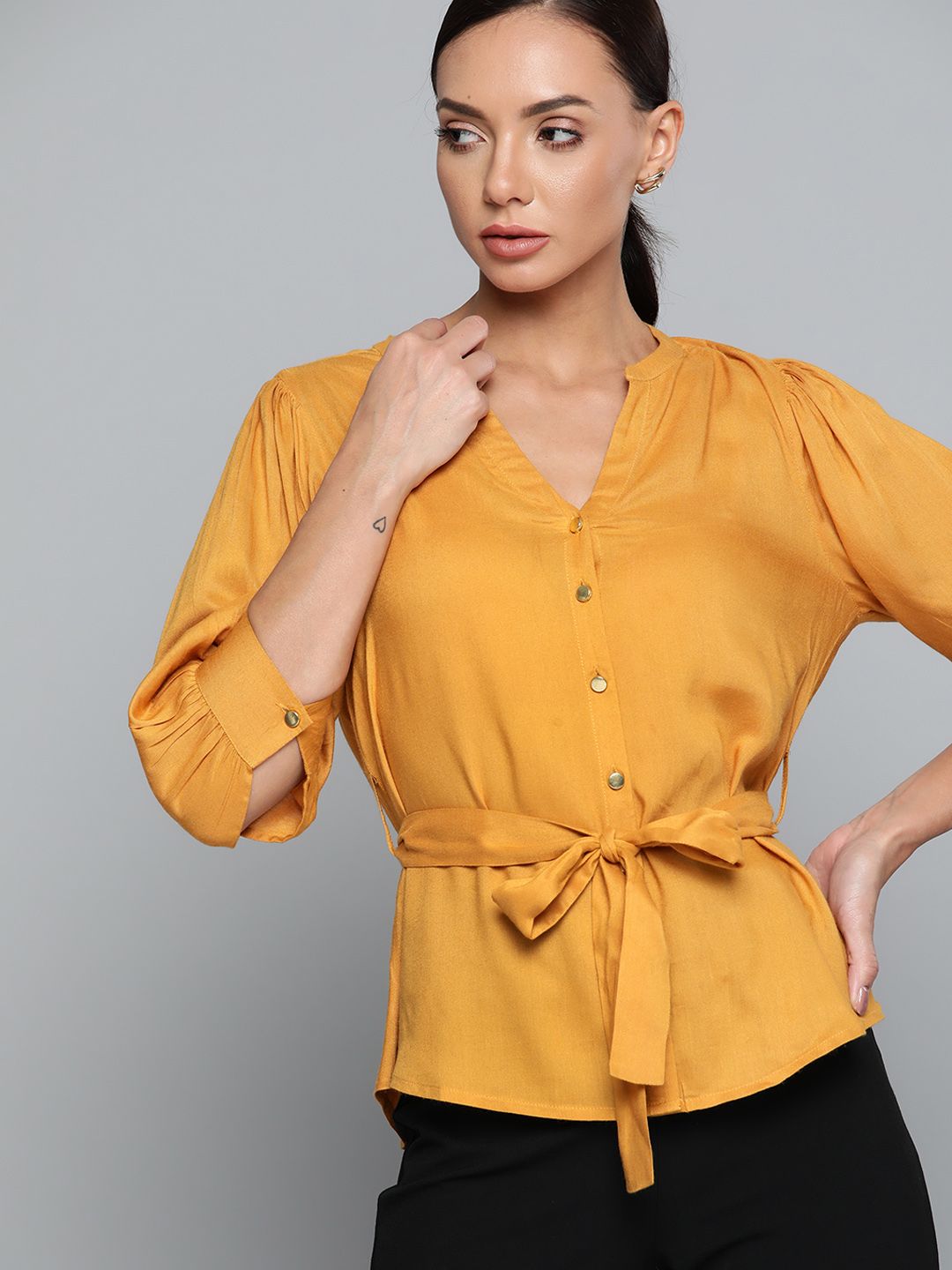Chemistry Mustard Yellow Band Collar Regular Top