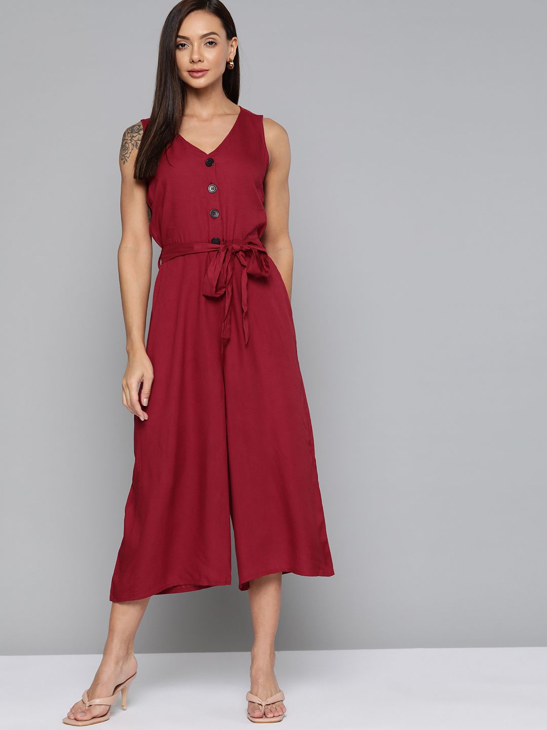 Chemistry Maroon Solid Culotte Jumpsuit with Belt Price in India