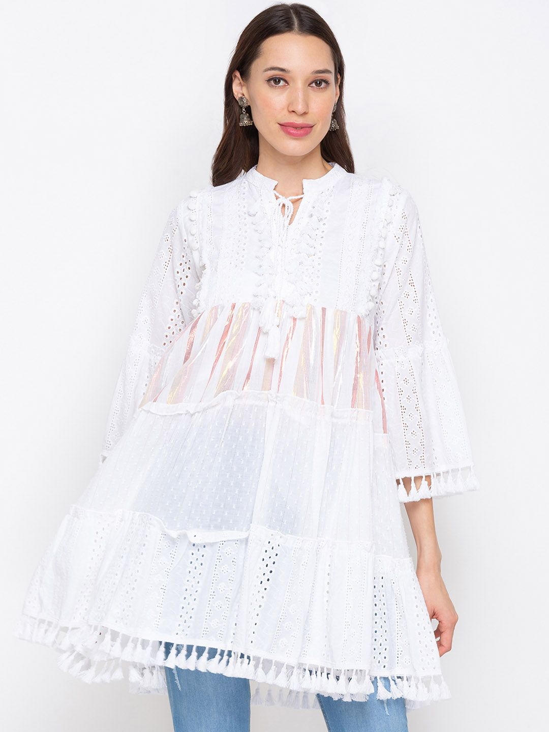 ZOLA White Ethnic Motifs Embroidered Thread Work Thread Work Tiered Kurti Price in India