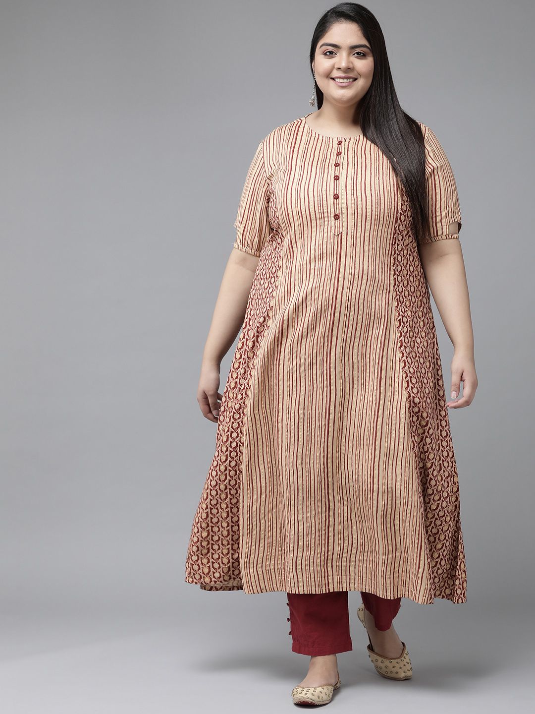 YASH GALLERY Women Maroon & Beige Striped Kurta Price in India