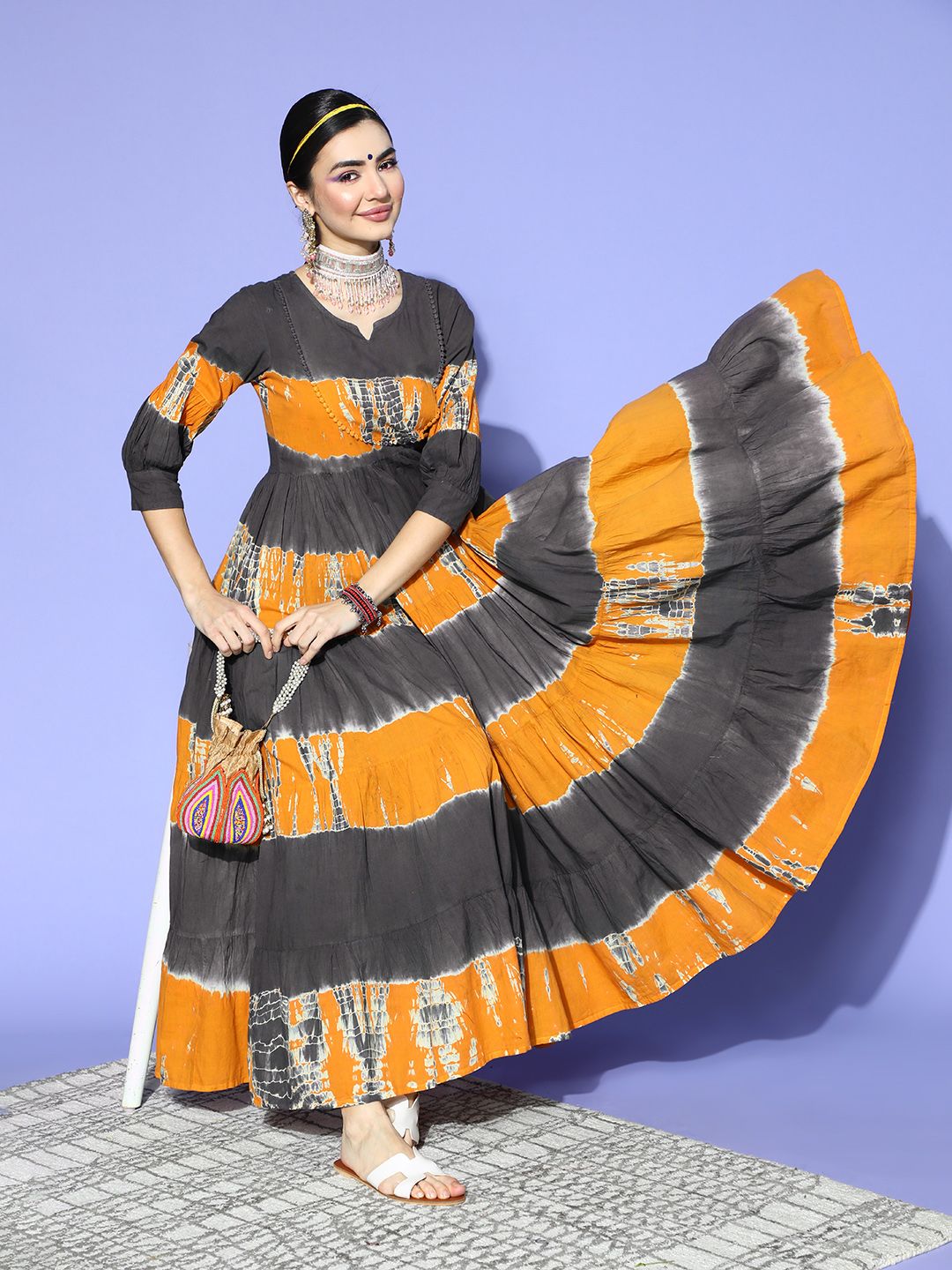 kipek Women Beautiful Charcoal Colourblocked Swirling Volume Dress Price in India