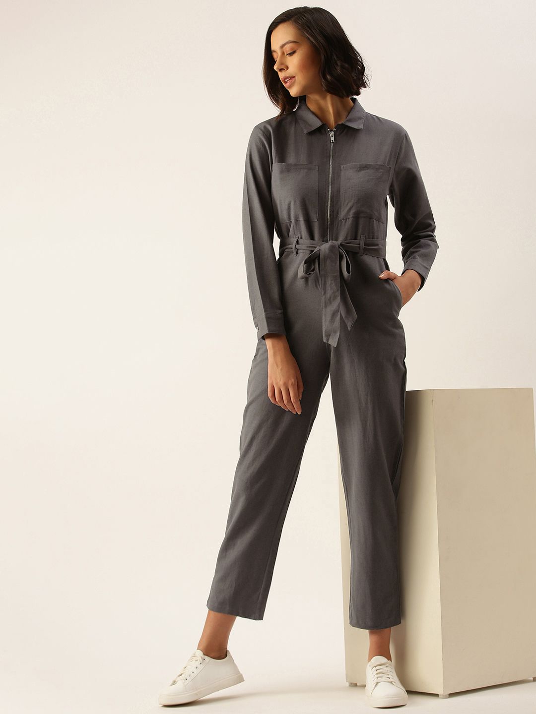 FOREVER 21 Women Grey Solid Casual Basic Jumpsuit Price in India