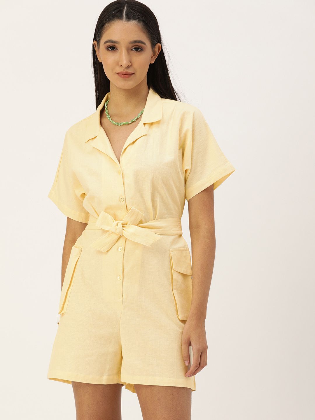 FOREVER 21 Yellow Waist Tie-Up Notched Lapel Styled Back Playsuit Price in India